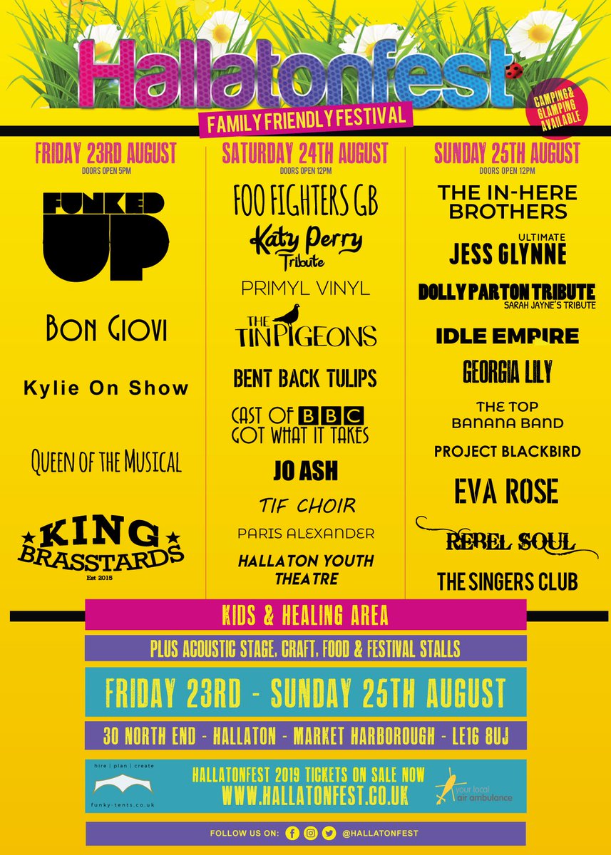 Hallatonfest 2019 1st edition poster!
Acoustic stage, healing &amp; kids areas details announced soon.  tickets: hallatonfest.co.uk

#hallatonfest #festivals #airambulance #glamping #parTpees #camping #leicestershire #hallaton #augustbankholiday #summer #healing #kids #family