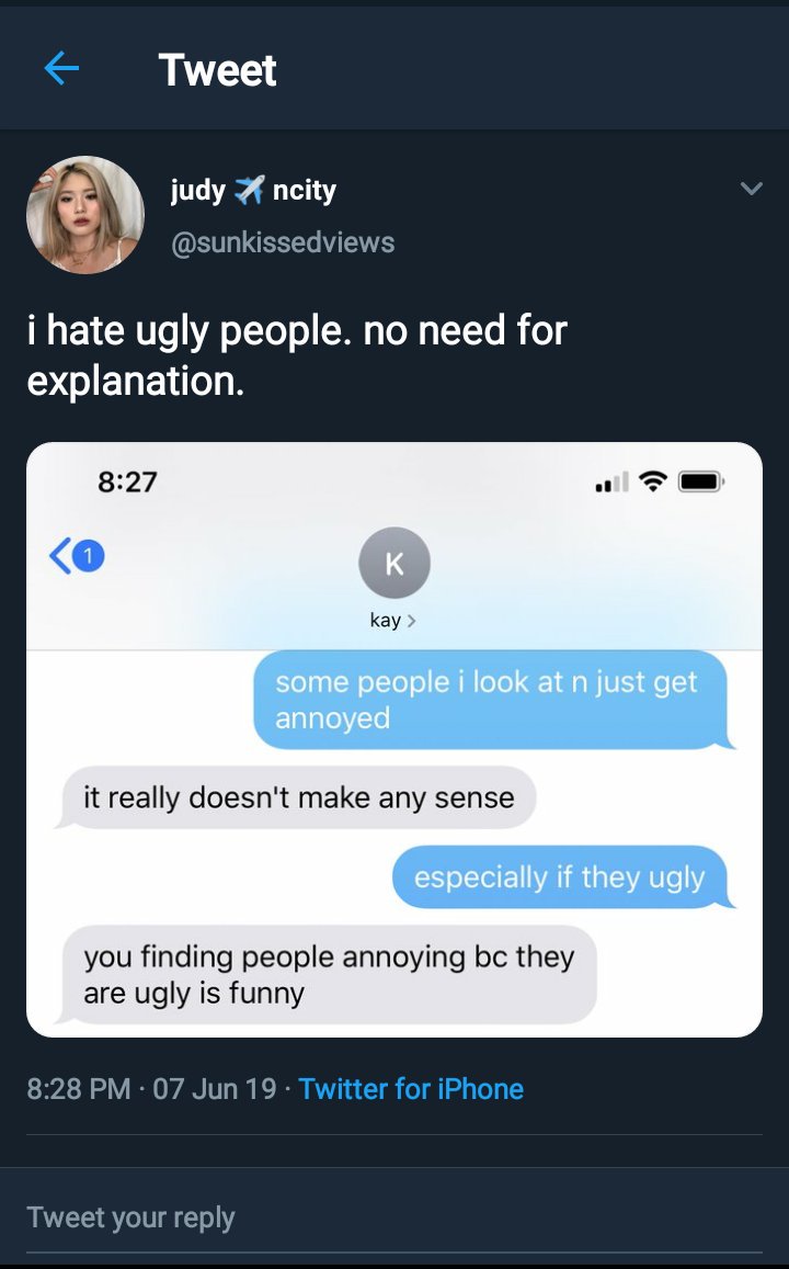 a few days ago she said something about being annoyed by ugly people which is downright... weird considering that my friend says she looked like a roblox character irl 
