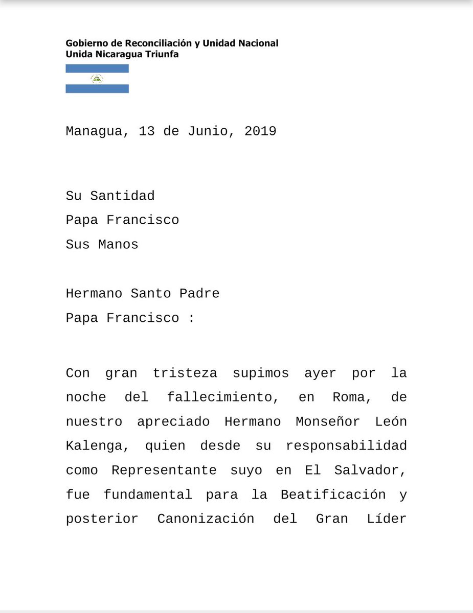 Este jueves el Comandante Daniel Ortega y la Compañera Rosario Murillo enviaron un menaje a Su Santidad el Papa Francisco lamentando el fallecimiento del Monseñor León Kalenga