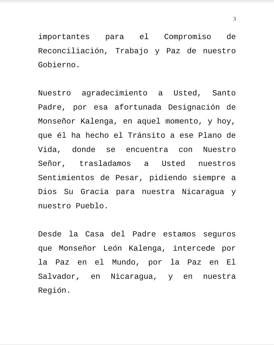 Este jueves el Comandante Daniel Ortega y la Compañera Rosario Murillo enviaron un menaje a Su Santidad el Papa Francisco lamentando el fallecimiento del Monseñor León Kalenga