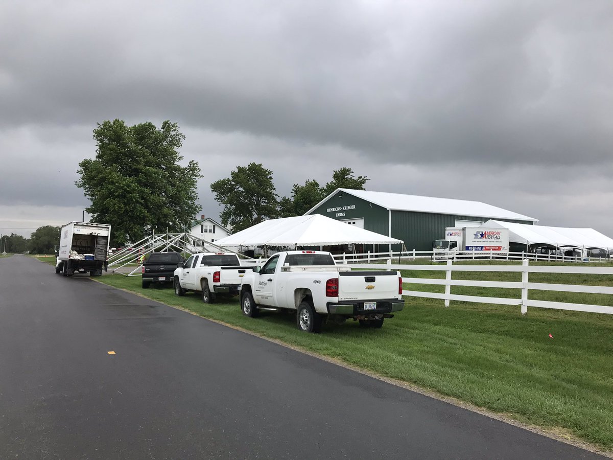 FultonCoAg's tweet photo. Setup for @fultonbotf continues today with plenty of tents so we are ready #rainorshine. Kylee the heifer is ready to welcome you! #HenricksKriegerDairy #fultonfarmerscare https://t.co/QxGjKJnrru