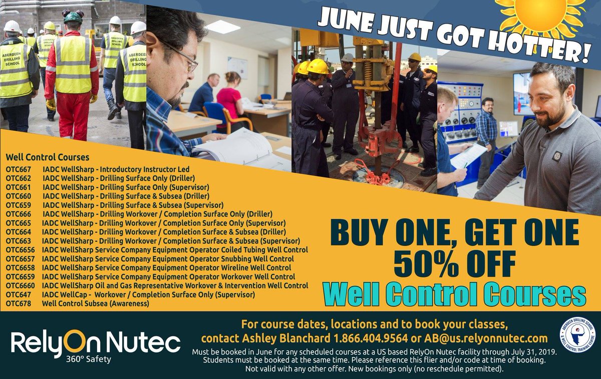 June just got HOTTER! BUY ONE, GET ONE 50% OFF Well Control Courses. 
 
For course dates, locations and to book your classes, contact Ashley Blanchard 1.866.404.9564 or AB@us.relyonnutec.com