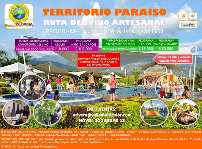 AlexisRiveraCa1's tweet photo. No somos teoría, somos la práctica de la ¨Economía Naranja¨

CIRCUITO DEL VINO ARTESANAL - UVA ISABELLA 
Santa Elena Cerrito (Valle)
INFO.VENTAS: arivera@vallemulticolor.com 
Móvil: 312 853 68 13
@IvanDuque @mluciaramirez @SusanaCorreaBor https://t.co/4oqb9UmTWc