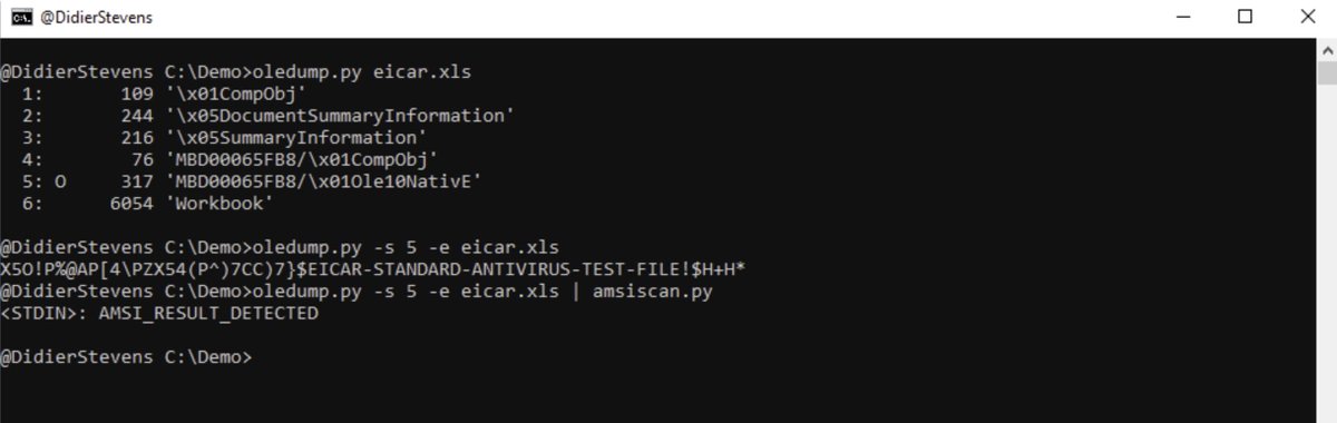 InQuest (@inquest) on Twitter photo Check out <a href="/DidierStevens/">Didier Stevens</a> new tool amsiscan.py. amsiscan.py is a Python script that uses Windows 10’s AmsiScanBuffer function to scan input for malware. It reads one or more files or stdin.
blog.didierstevens.com/2019/06/13/new… Check out <a href="/DidierStevens/">Didier Stevens</a> new tool amsiscan.py. amsiscan.py is a Python script that uses Windows 10’s AmsiScanBuffer function to scan input for malware. It reads one or more files or stdin.
blog.didierstevens.com/2019/06/13/new…