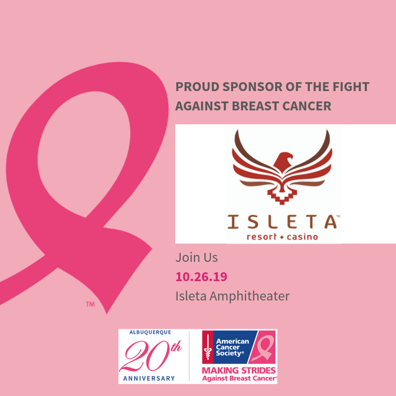 ABQStrides's tweet photo. We are excited to welcome back Isleta Resort & Casino as a Pink Ribbon sponsor for 2019! Join us on Saturday, October 26th at Isleta Amphitheater for our 20th Annual Making Strides of Albuquerque. #ABQStrides https://t.co/flSTkCKi4f https://t.co/WfzP1bqGaB