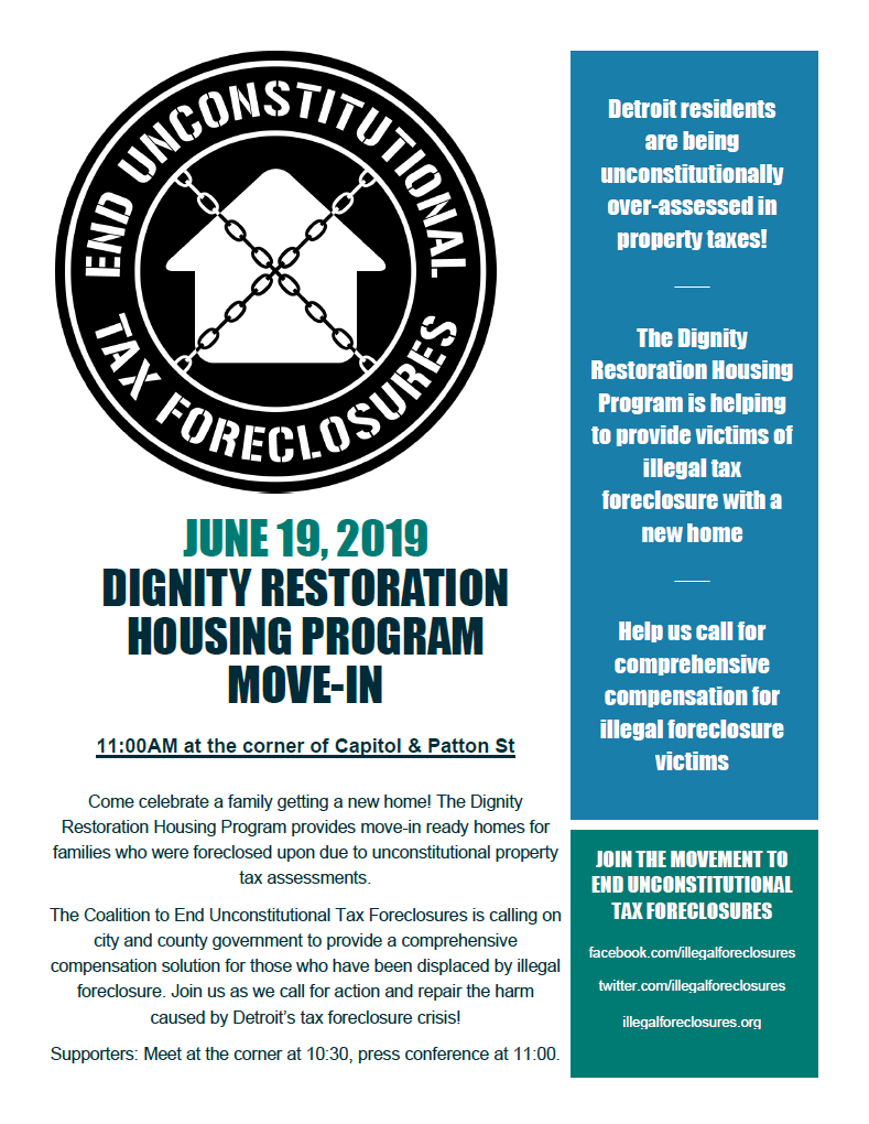 illForeclosures's tweet photo. NEXT WEEK: The Dignity Restoration Housing Program is giving a move-in ready home to a family who experienced #IllegalForeclosure. Celebrate w/ us at our press conf.--Wed., June 19, @ 11:00 (come early!), at the corner of Capitol & Patton St in NW #Detroit
https://t.co/19b9Gej6en https://t.co/tj7apyteHE