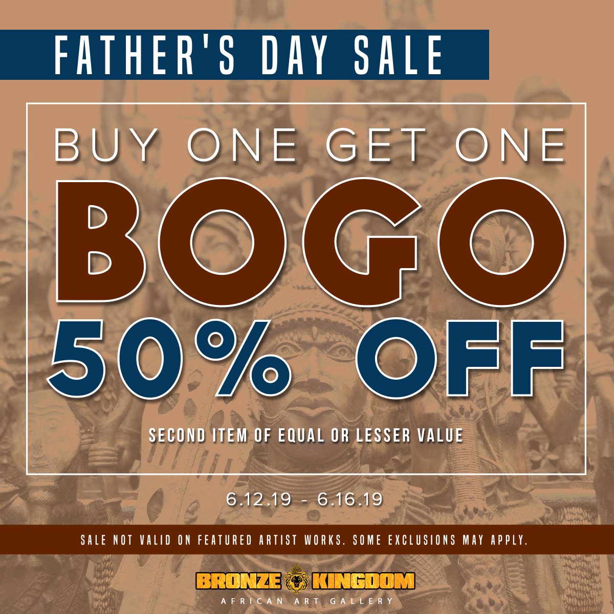AfricanBronze's tweet photo. Our FATHER'S👔 DAY SALE is happening NOW!!! Buy one item and receive 50% OFF your second item of equal or lesser value. Checkout our EXCLUSIVE DOOR BUSTER DEALS! DON'T MISS OUT..STOP BY TODAY! #fathersday #fathersdaygifts #FathersDay2019 #orlandoart #orlandosale #sale #bronze https://t.co/NeJn0pJruA