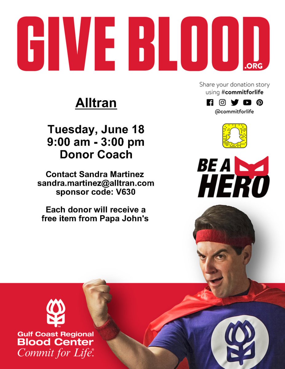 Attention Alltran Houston Employees!!

We are hosting a blood drive benefiting the Gulf Coast Blood Center in our Houston, TX location June 18th from 9 AM to 3 PM.  Please see an HR representative or email sandra.martinez@alltran.com to sign up today!
#commitforlife