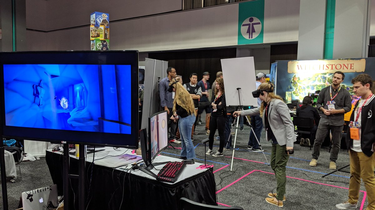 IndieCade's tweet photo. We'd like to give a shout out and thanks to https://t.co/0oXraYeJtE for helping team https://t.co/e8hm7EyAe1 (@ascendvr) with the amazing monitor to help draw so many people into trying out their head-to-head eSports VR experience! https://t.co/4yu0H2LDFY