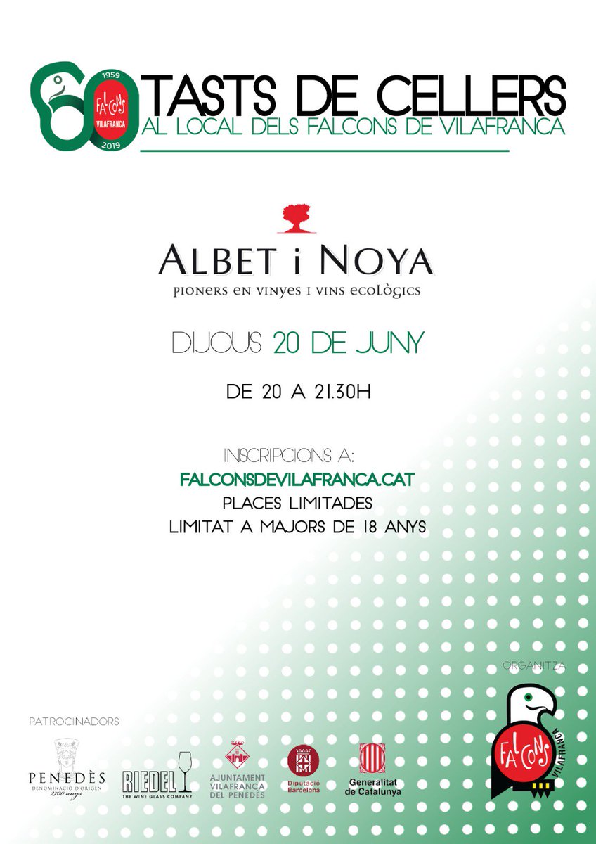 Falten 7 dies pel primer dels tasts, no et quedis sense plaça i fes la inscripció a falconsdevilafranca.cat
<a href="/AlbetiNoya/">Albet i Noya</a> <a href="/dopenedes/">DO Penedès</a> #60èaniversari #falconsvfp