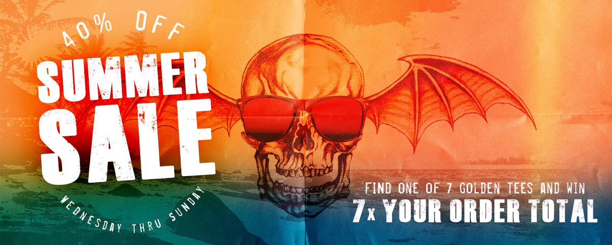 TheOfficialA7X's tweet photo. Summer comes early in Huntington Beach so we wanted to do something special. We're opening our entire existing stockpile for several days at 40% off everything at #A7XWorld.com. You might even end up with one of the lucky 7 golden shirts worth 7X your order total. https://t.co/zHomlAUNfY