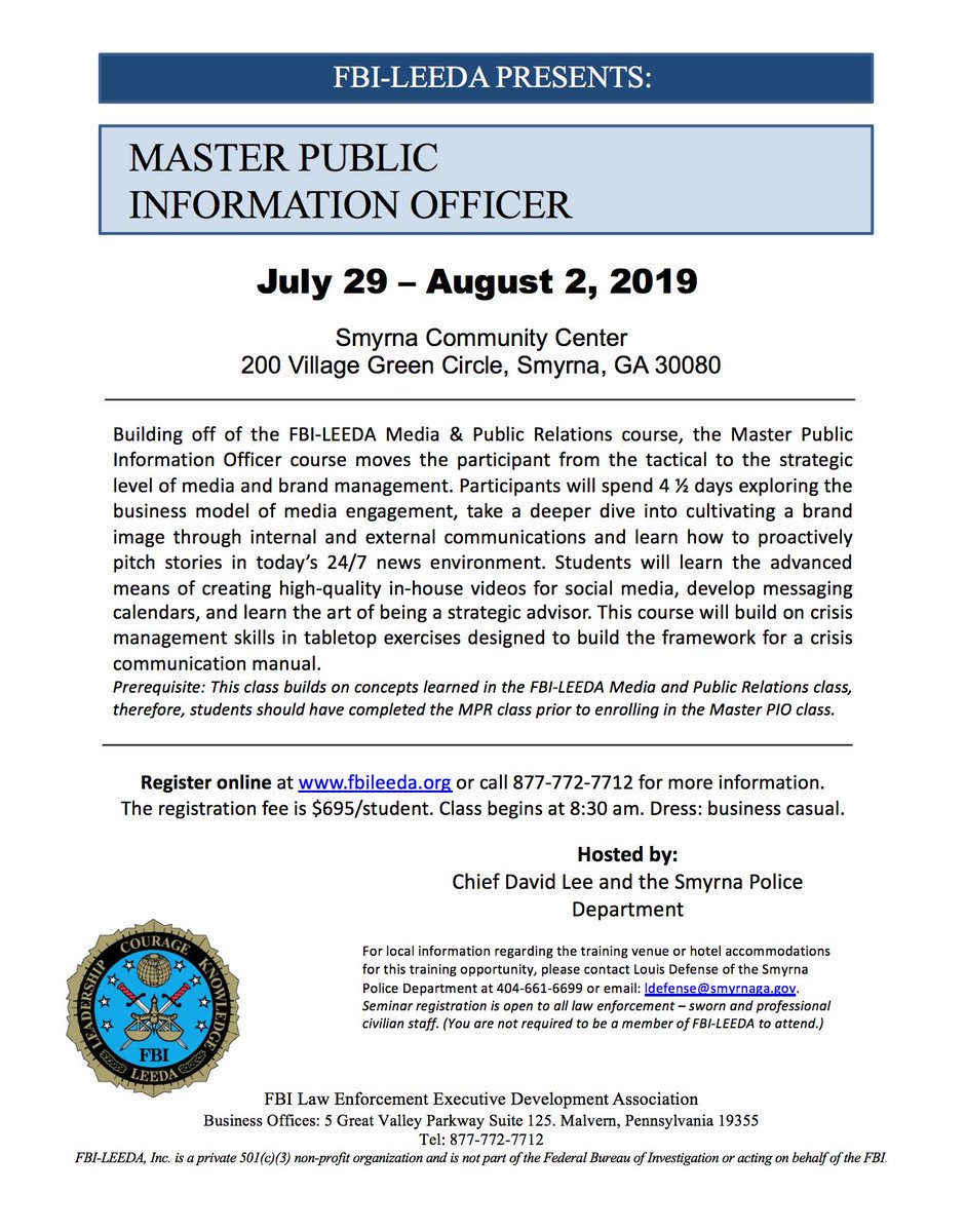 FBILEEDA's tweet photo. The Master Public Information Officer course is being held in Smyrna, Georgia, July 29-August 2. Register at: https://t.co/8eVFk1Zwxe … 

#PIOWISDOM https://t.co/MBu8a8OAuI