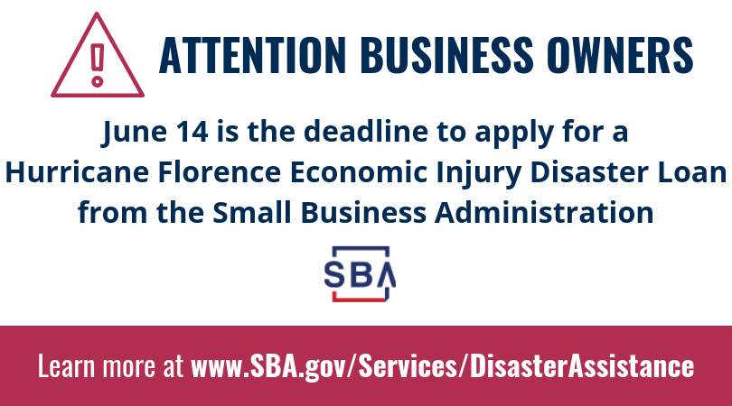NewHanoverCo's tweet photo. As a reminder, the @SBAgov Economic Injury Disaster Loan application for businesses affected by #HurricaneFlorence is due Friday, June 14. If your business lost revenue because of Flo, learn more at https://t.co/Ktb9L4Cgsg …. #FlorenceRecovery https://t.co/ramVuKNy3c