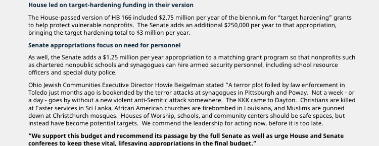 howielb's tweet image. Incredibly proud of #OhioHouse &amp;amp; #OhioSenate for making sure nonprofit security funds are in budget. Thank you Speaker @HouseholderOH &amp;amp; President @LarryObhof Reps. @CaseyforOhio @DaveGreenspan &amp;amp; @PhilPlummerOH40 &amp;amp; Sens. Kirk Schuring @CecilThomasOH ohiojc.org/hb166_security… 1/2