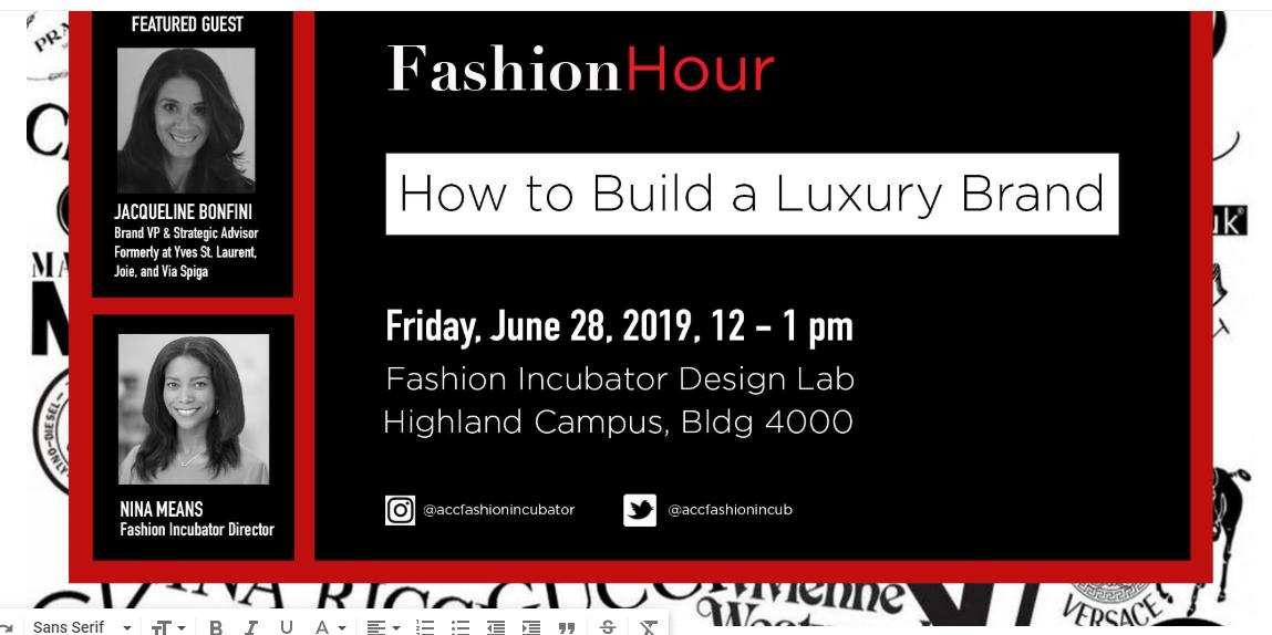 accdistrict's tweet image. What exactly constitutes Luxury? How do luxury brands thrive in today’s climate? Join ACC's #Fashion Incubator Friday, June 28, to dive into all things luxury with featured guest: Jacqueline Bonfini! #atxevent 👜