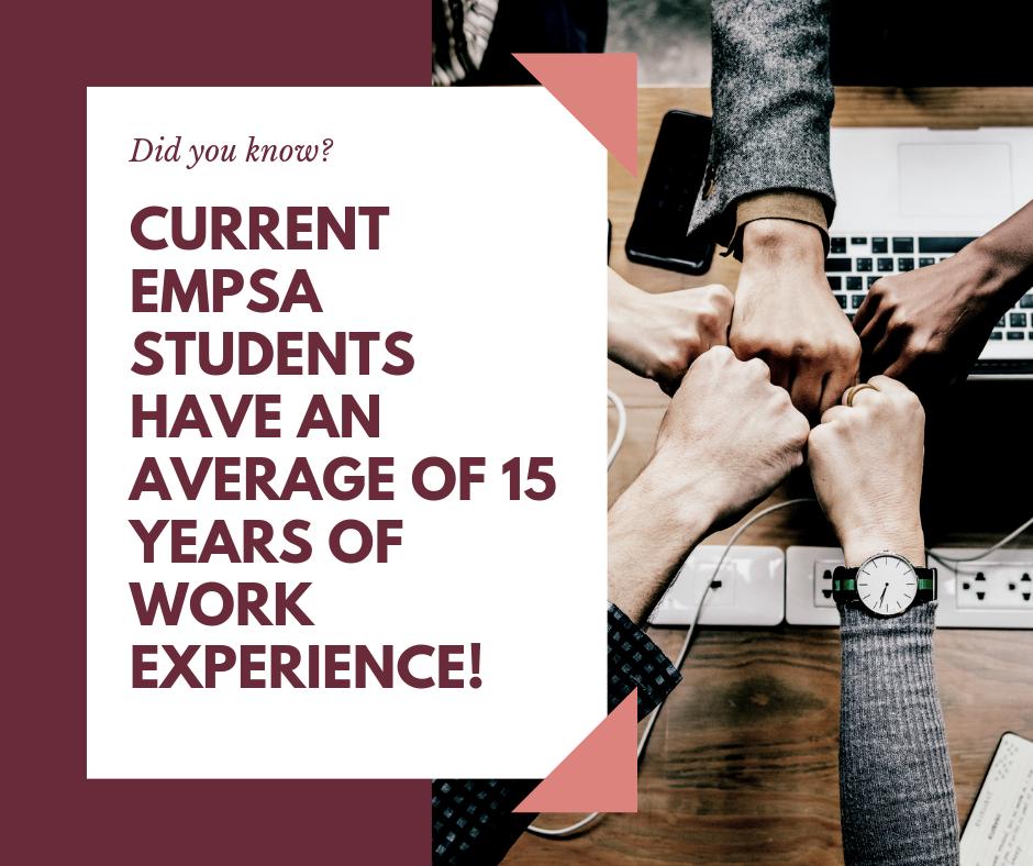 BushElearning's tweet photo. EMPSA Fun Fact: Current EMPSA students have an average of 15 years of work experience!
#tamu #empsa #bushschool #resweek2019 https://t.co/EiTZWejP5Z