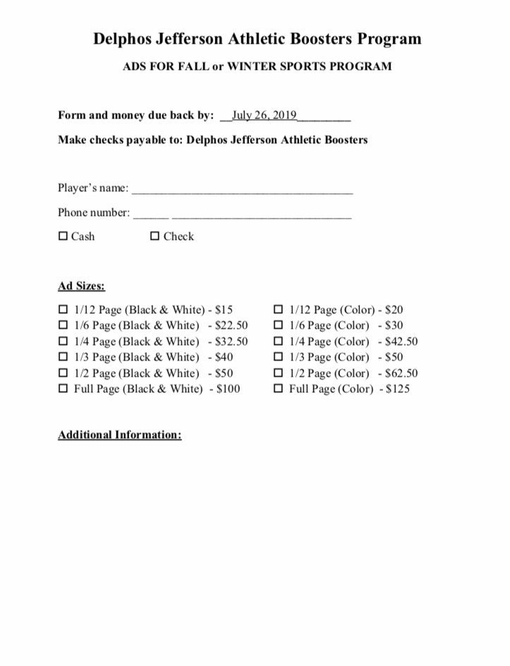 If you are a parent or grandparent or just wanting to place an ad for a athlete in our fall program, please complete and give to Tami Osburn Herron or myself by July 26.
