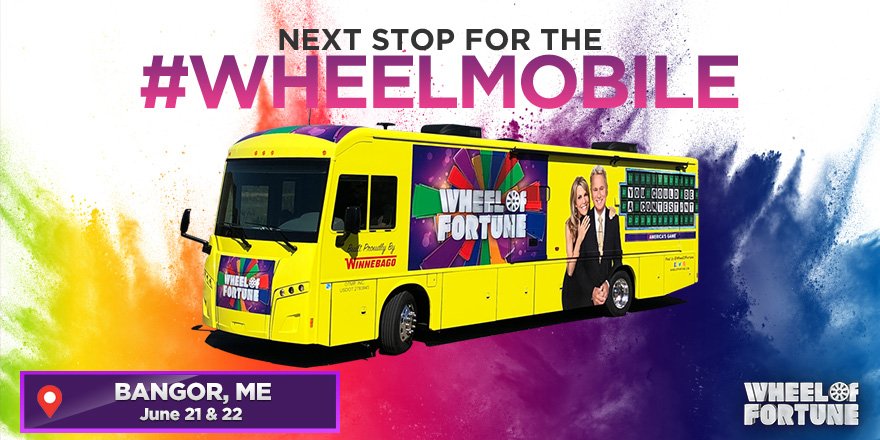 WheelofFortune's tweet photo. The Wheelmobile is rolling into Maine this Friday and Saturday! Come join us and our friends from @FoxABCMaine at the @UMaine for your chance to audition for Wheel! Get more info here: https://t.co/HTAkMhZ58k #WheelOfFortune https://t.co/sKo5koyPL0