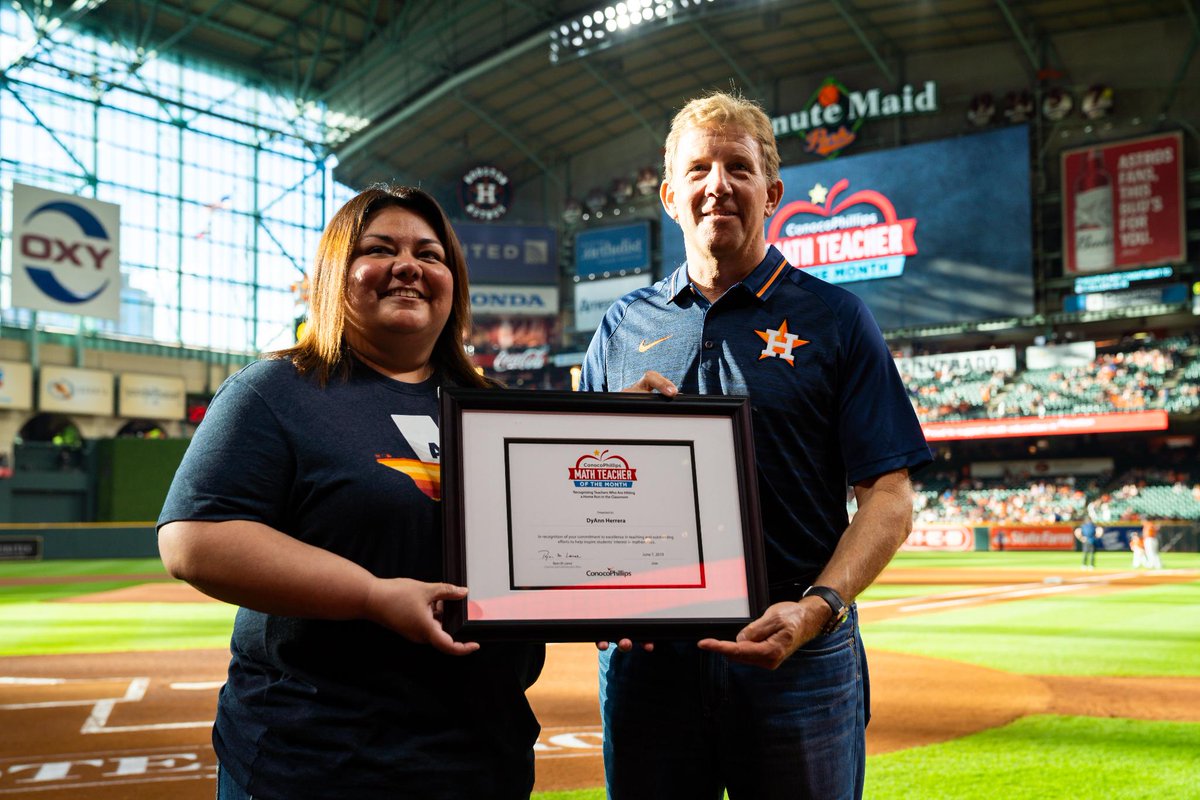 astros's tweet photo. Last homestand we were proud to honor DyAnn Herrera from Lake Jackson Intermediate School as June's @conocophillips Math Teacher of the Month! https://t.co/kw06DfjUGH