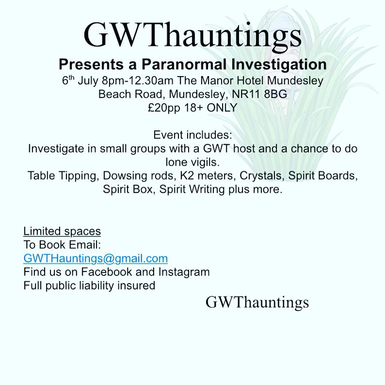 GHauntings's tweet photo. And we’re at it again!! This time at The Manor Hotel in Mundesley!! Tickets available through our Facebook page. Sceptics and newbies welcome #manorhotel #gwthauntings #ghostgeeks #hauntednorfolk https://t.co/oljc2A6GsD