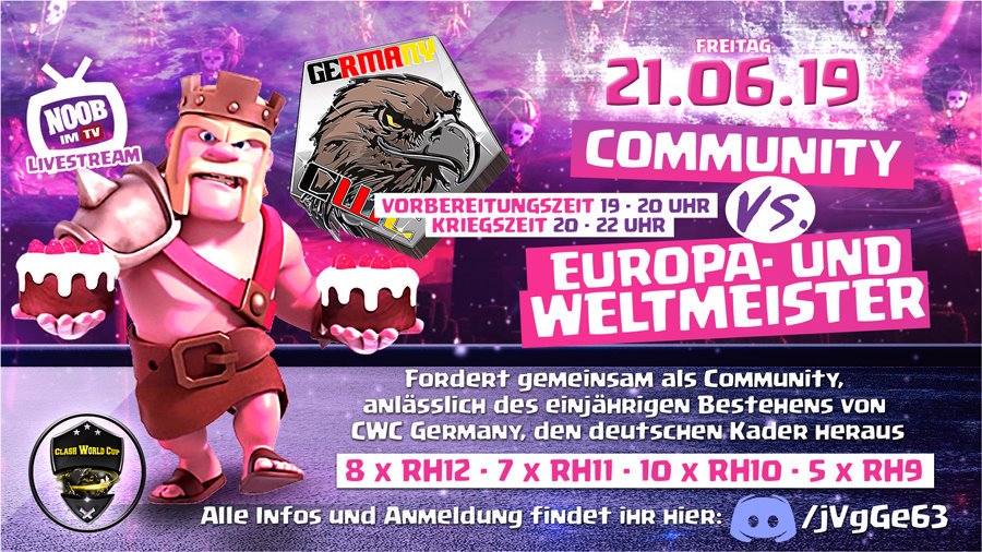 Basen des Europa- und Weltmeisters zerstören? Luft der Clash Cups schnuppern? Ablauf No-Dip-Match beim ECC/CWC?

Das kannst du alles bei unserem Community-CW testen.
Details und Anmeldung bis 15. Juni 2019 auf unserem
Discord-Server:
discord.gg/jVgGe63

<a href="/ClashOfClansDE1/">Clash of Clans DE</a>
