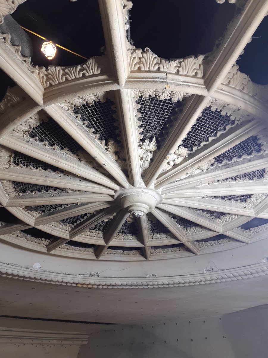 dgtroop's tweet photo. So people are asking - what are these @masseyhall ceiling adornments?  They are original 1894 ventilator grilles that were repurposed for electrical lighting in the 1920's.  An unexpected discovery hidden for 100 years. #masseyhallforever Plaster restoration in progress. https://t.co/axKoNTMlpZ