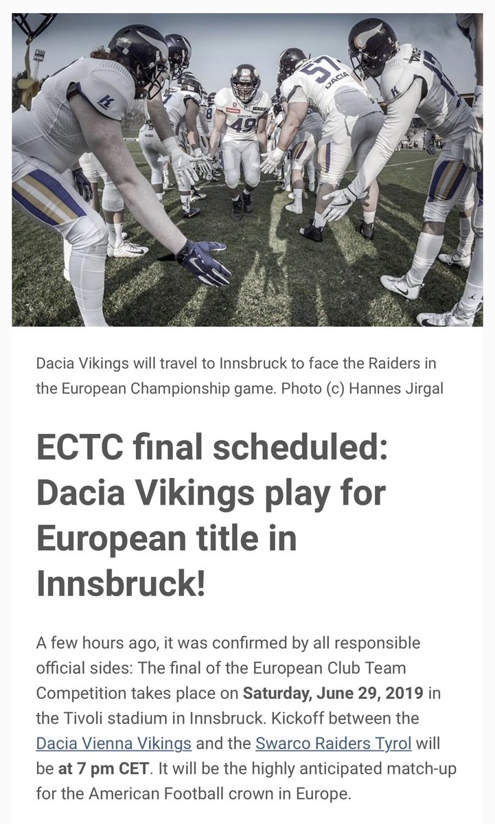 ViennaVikings's tweet photo. The #ECTC championship game is scheduled: The #DaciaVikings will play the @SWARCO_RAIDERS on June 29 (kickoff 7pm CET) at #Tivoli stadium. #BleedPurple #BeThere #EuropeanChampionship https://t.co/IwCmqbBh1c