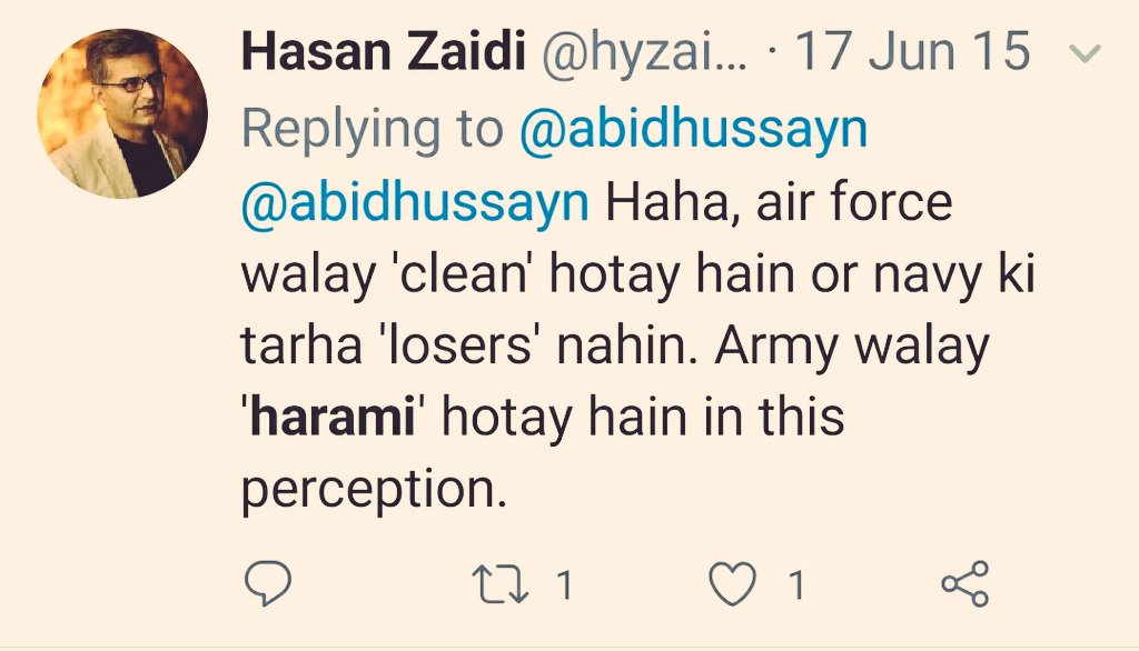 Exhibit AR.  @hyzaidi on Pak Army;Imagine if there exists the freedom of speech of his likings at the desk of  @dawn_com.
