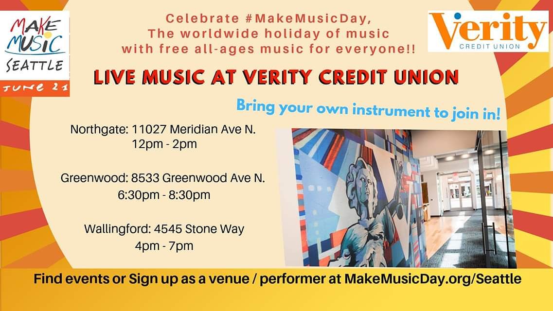 makemusicsea's tweet photo. #LiveMusic at 3 @verityseattle Locations!
June 21
#MakeMusicDay Greenwood 7:30-8:30pm
Northgate 12-2pm
Wallingford 4-7pm
Bring your own instrument & join in!
#MakeMusicSeattle
See events & register as a venue or performer https://t.co/64vJ6YD14X
#musicmatters #Seattle #pnw https://t.co/iEDKz0jMNS