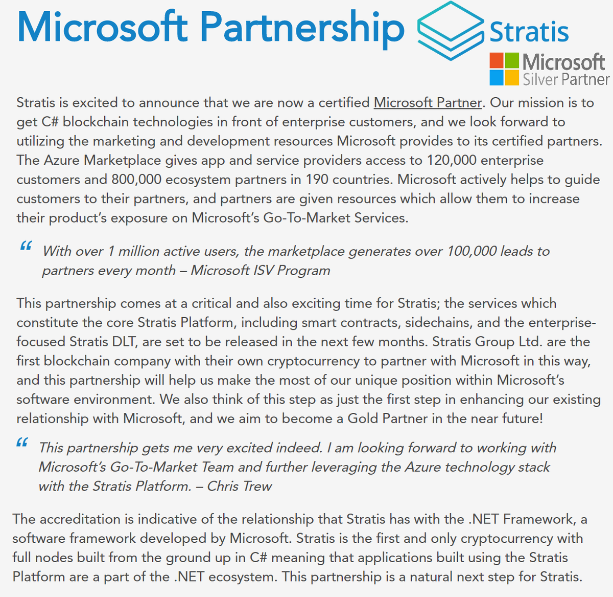 The @Stratisplatform has a deepens Partnership with #Microsoft.

#Stratis is the only #Microsoft ISV partner in the whole blockchain space.

=> Stratis target business adoption in cooperation as an Microsoft Partner. <=

$STRAT #BTC #Bitcoin #Blockchain #News #Business #Crypto
