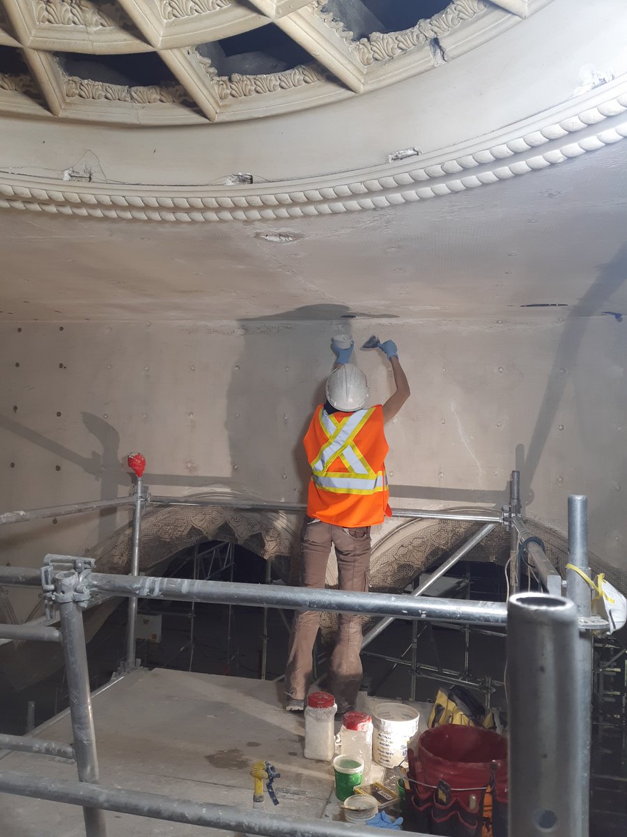 dgtroop's tweet photo. So people are asking - what are these @masseyhall ceiling adornments?  They are original 1894 ventilator grilles that were repurposed for electrical lighting in the 1920's.  An unexpected discovery hidden for 100 years. #masseyhallforever Plaster restoration in progress. https://t.co/axKoNTMlpZ