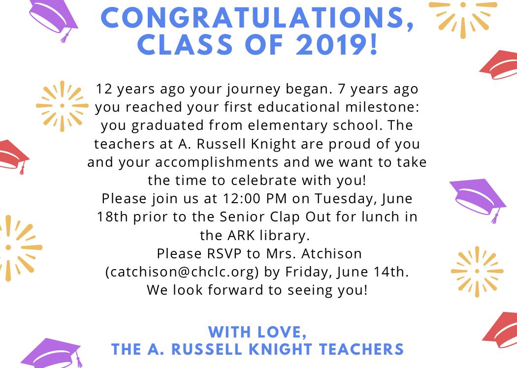 mrscatchison's tweet photo. Looking forward to catching up with some ARK alumni who are part of the Class of 2019! Please feel free to share if you know any! @ARKknights1 @CHEActivities @CherryHillWest https://t.co/86HQeChbyO