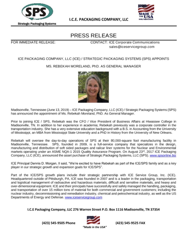 ICEServiceGroup's tweet photo. ICE PACKAGING COMPANY, LLC (ICE) / STRATEGIC PACKAGING SYSTEMS (SPS) APPOINTS 
MS. REBEKAH MORELAND, PhD. AS GENERAL MANAGER #Transportation #packaging #radioactive #decommissioning https://t.co/4cyuKG1ogg