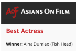 Ainadumlao's tweet photo. Thank you so much @AsiansOnFilm for the best actress nod for #FishHead. Truly an honor. Came just in time for #PhilippineIndependenceDay and #APAHM. https://t.co/7lPcKokGO0