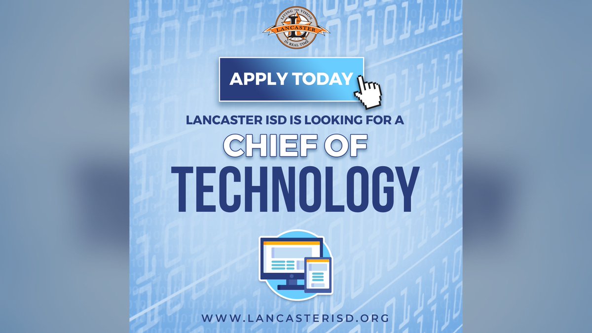 LancasterISD's tweet photo. Lancaster ISD is seeking a Chief of Technology to join our winning team. Apply today at https://t.co/Wvsh838MZO. #ExpectTheBestExpectSuccess @sherese_nix @ElijahGranger #ExpectTheBestExpectSuccess https://t.co/XvmAB9iV2Z