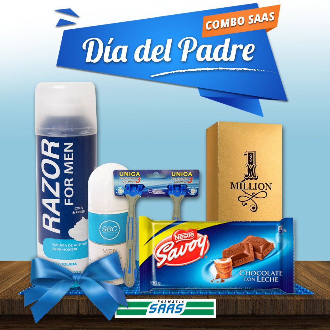 ¡Amamos a papá! 👨‍👧‍👦
Por eso le traemos este combo especial para el #DiaDelPadre 🎁que incluye: 

1 perfume 
1 crema de afeitar
2 afeitadoras
1 tabla de chocolate con leche Savoy 
1 desodorante

Promoción válida hasta agotarse la existencia. Venga a nuestra sede y pregunte por él