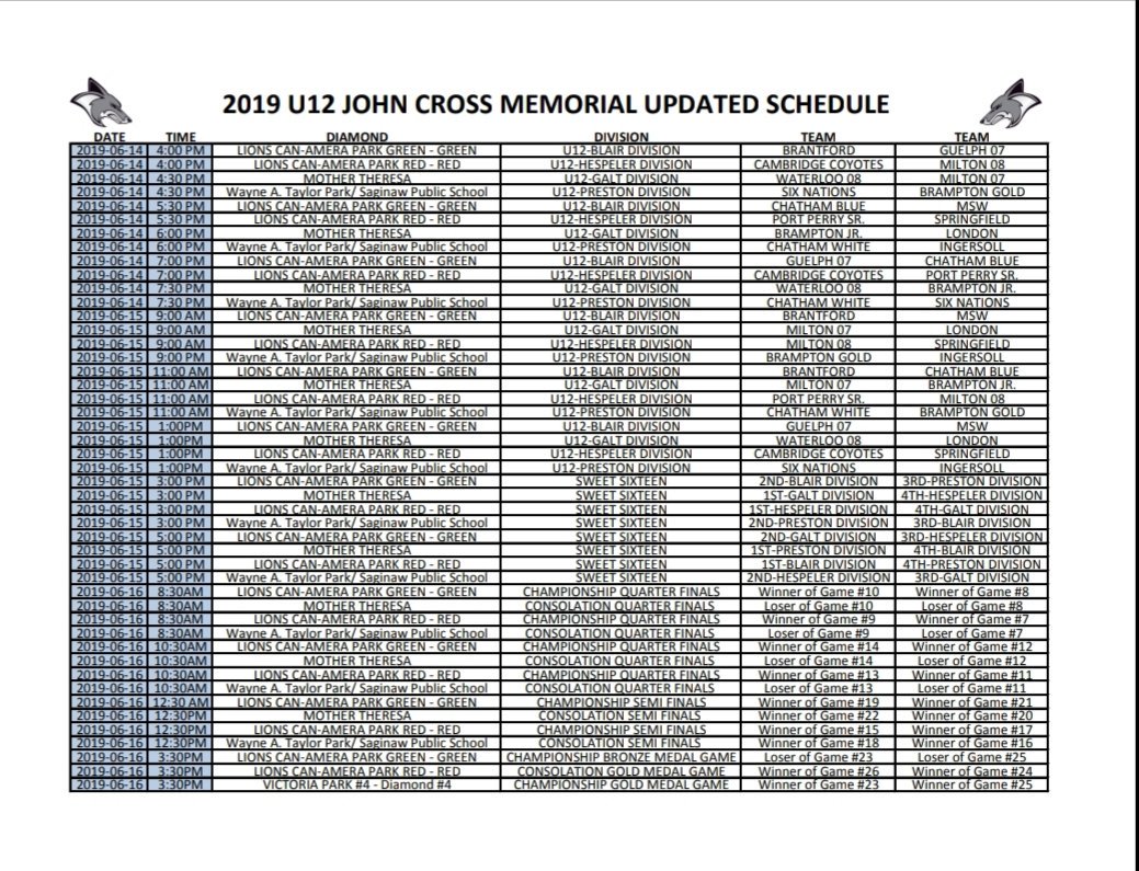 CoyotesU14's tweet photo. Updated U12 Schedule for the John Cross Memorial. Thanks for everyone's support and we are really looking forward to hosting this weekend!  @UTMFastpitch @OntarioPWSA @08_ghosts @GatorsU12 @portangels07 @MiltonBats07 @MiltonBats08 @BrantfdBobcats @blazerssoftball @MSW_2007_Rep https://t.co/AcM8eNLBuF