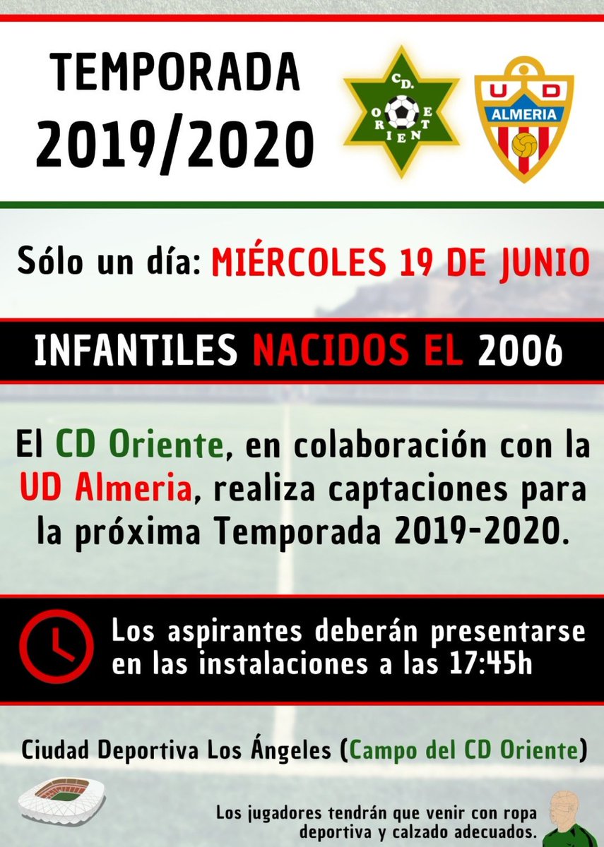 #CDOriente Temporada 2019/20
OJO: Sólo un día
📅 Miércoles 19 Junio
⏰ 17:45h
Realizaremos la captación para el equipo de Infantiles en colaboración con @CanteraUDA. Te esperamos en la Ciudad Deportiva Los Ángeles (Junto a la Residencia Ballesol) 
#FuerzaOriente #PásateAlVerde
