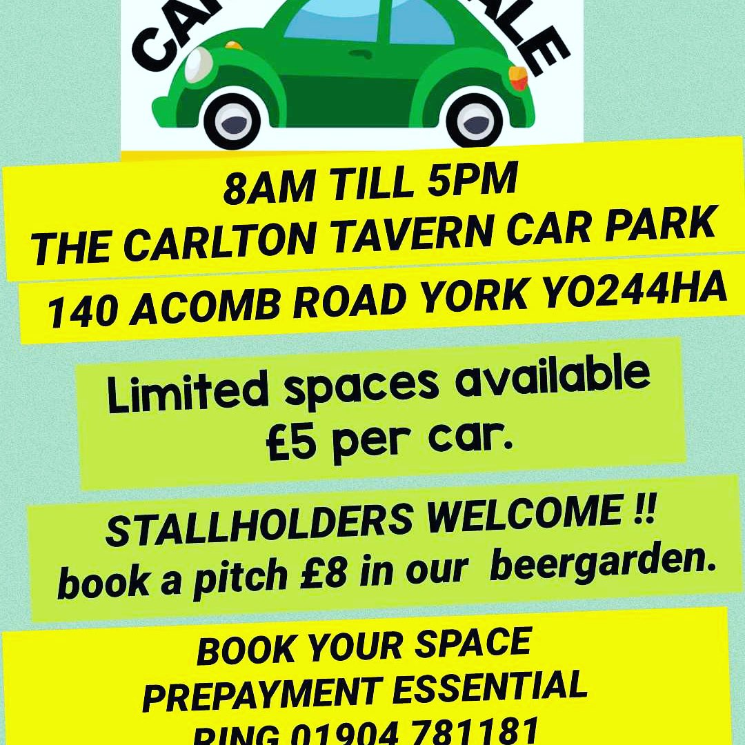 THE CARLTON TAVERN (@carlton_tavern) on Twitter photo CLEAR YOUR CLUTTER !! Clear out the kids clutter or sell your wares book your spaces today prepayment required to secure your place .
8 am start tea coffee bacon butties available come join our giant jumble sale ring 01904 781181 or email carltontavern.york@marstons.co.uk CLEAR YOUR CLUTTER !! Clear out the kids clutter or sell your wares book your spaces today prepayment required to secure your place .
8 am start tea coffee bacon butties available come join our giant jumble sale ring 01904 781181 or email carltontavern.york@marstons.co.uk