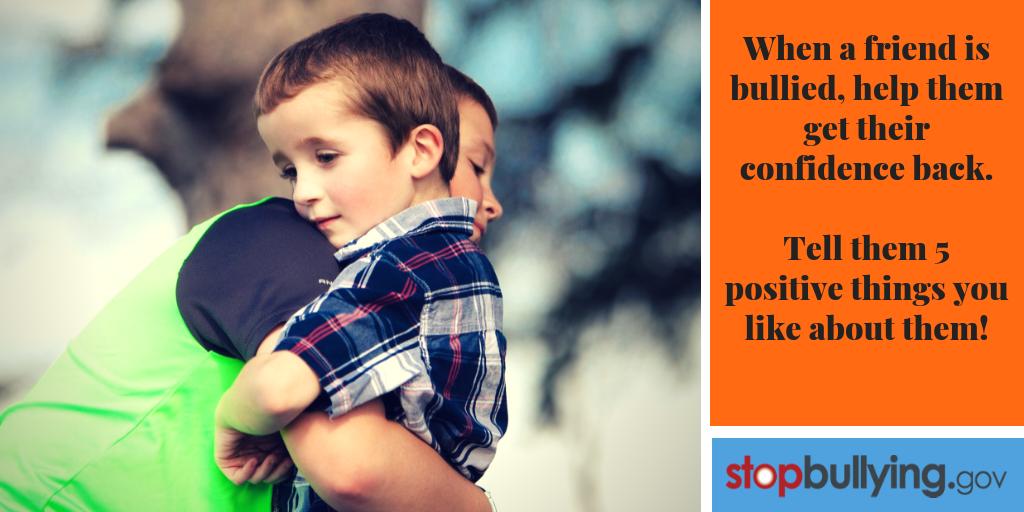 StopBullyingGov's tweet photo. When a friend is bullied, help them get their confidence back. Tell them 5 positive things you like about them!
#KindnessWorks
#StopBullying
#BFF
#Friendship
#Respect
#PositiveVibesOnly
#Bullying
#BeTheChange
#Upstanders
#WeekendWisdom https://t.co/cwKrVTTrTz