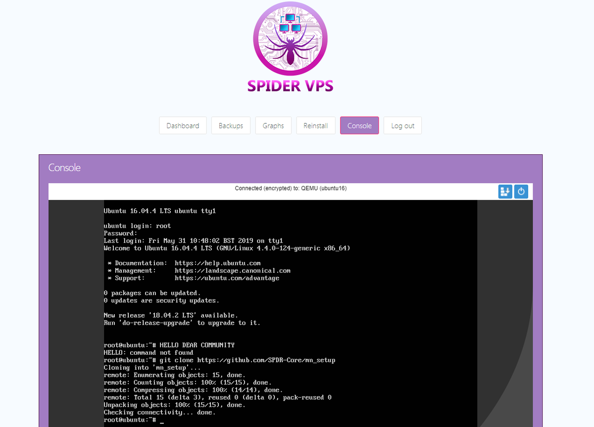 We successfully tested client panel of #SpiderVPS . It works smoothly and have all minimum functions to control VPS.

#VPS #hosting #platform #Masternodes #POW #POS