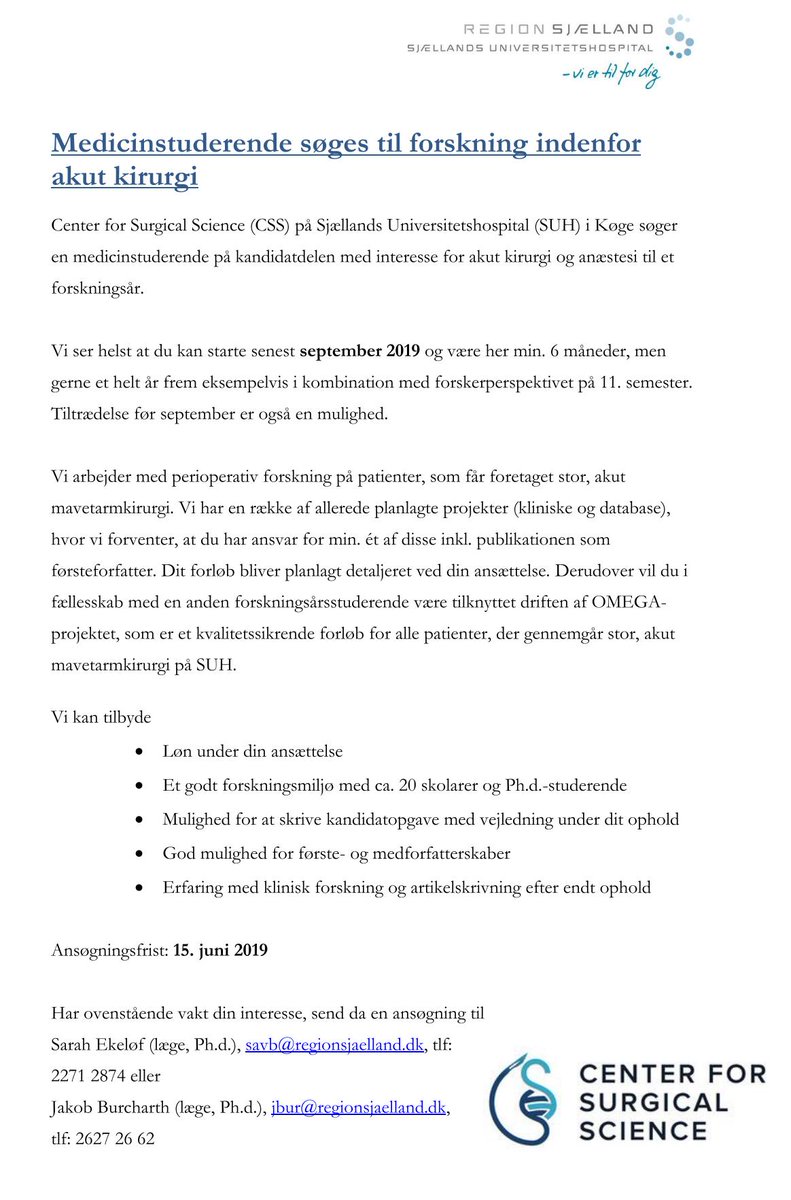 Center for Surgical Science (CSS) (@cssdenmark) on Twitter photo We are looking for a medical student with interest in #emergencysurgery and #anesthesia to work for a minimum of 6 months, starting September 2019. Check out the job details and apply before June 15, 2019!
<a href="/SUHhospital/">Sjællands Universitetshospital</a> <a href="/S_ekeloef/">Sarah Ekeloef</a> <a href="/JakobBurcharth/">Jakob Burcharth</a> <a href="/EllenBjerrum/">Ellen Bjerrum</a> We are looking for a medical student with interest in #emergencysurgery and #anesthesia to work for a minimum of 6 months, starting September 2019. Check out the job details and apply before June 15, 2019!
<a href="/SUHhospital/">Sjællands Universitetshospital</a> <a href="/S_ekeloef/">Sarah Ekeloef</a> <a href="/JakobBurcharth/">Jakob Burcharth</a> <a href="/EllenBjerrum/">Ellen Bjerrum</a>