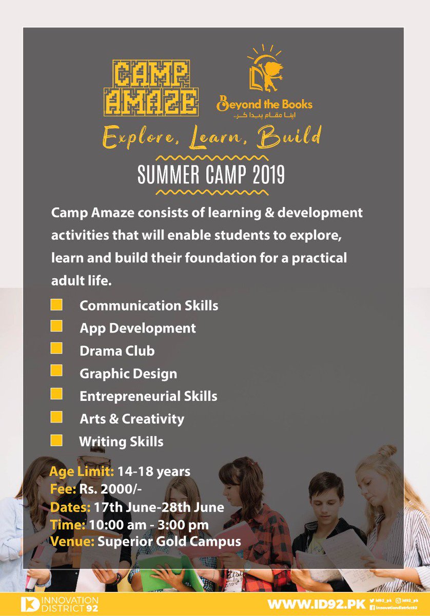 beyondbookspk's tweet photo. "A Summer Full of Learning and Fun!"

Camp Amaze is a 2-week summer program consisting of learning and development workshops to enable students to explore, learn and build their foundation for practical adult life.

@id92_pk 

👉 Sign up now: https://t.co/rGQCSVIGNf https://t.co/z46GBKNqSk