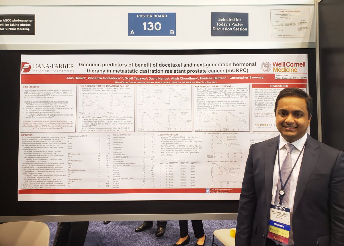Amazing poster by our star fellow <a href="/anis_a_hamid/">Anis Hamid</a> mentored by <a href="/ChrisSweens1/">Christopher Sweeney, MBBS</a> about genomic predictors of CRPC clinical benefit in next generation hormonal therapy!
<a href="/mishabeltran/">Misha Beltran</a> <a href="/AtishChoudhury/">Atish Choudhury, MD PhD</a> <a href="/ASCO/">ASCO</a> #ASCO19 <a href="/WeillCornell/">Weill Cornell Medicine</a> <a href="/DanaFarber/">Dana-Farber</a> <a href="/DanaFarberNews/">Dana-Farber News</a>