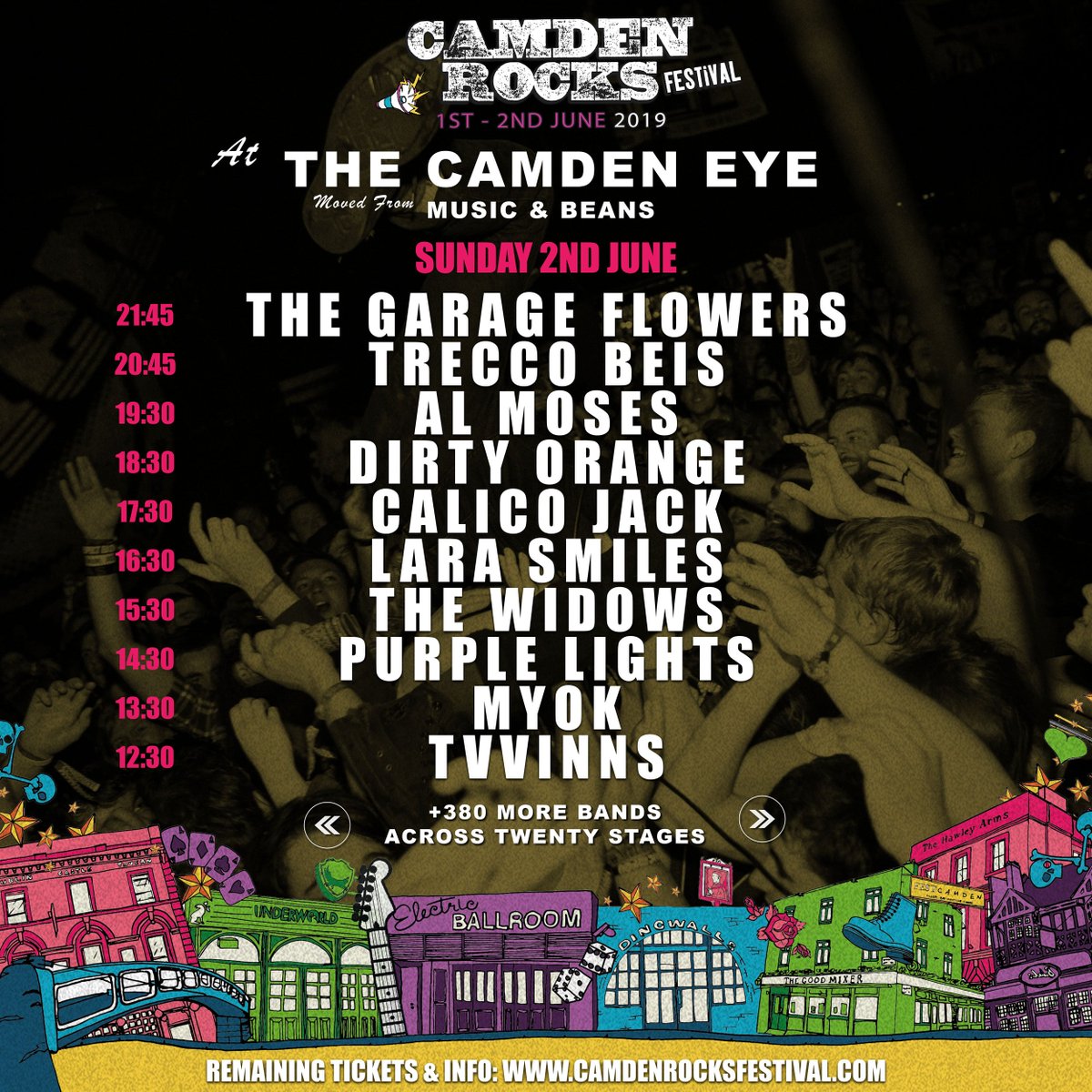 📣 LAST MINUTE STAGE ANNOUNCEMENT 📣 Welcoming on board Camden Town's famous (and as central as it gets!) boozer @CamdenEye to the <a href="/CamdenRocksFest/">Camden Rocks Fest</a> strip 🤘 This Sunday the 2nd they'll host @GarageFlowerss @TreccoBeis @AlMosesOfficial @DirtyOrange3 &amp; more.
