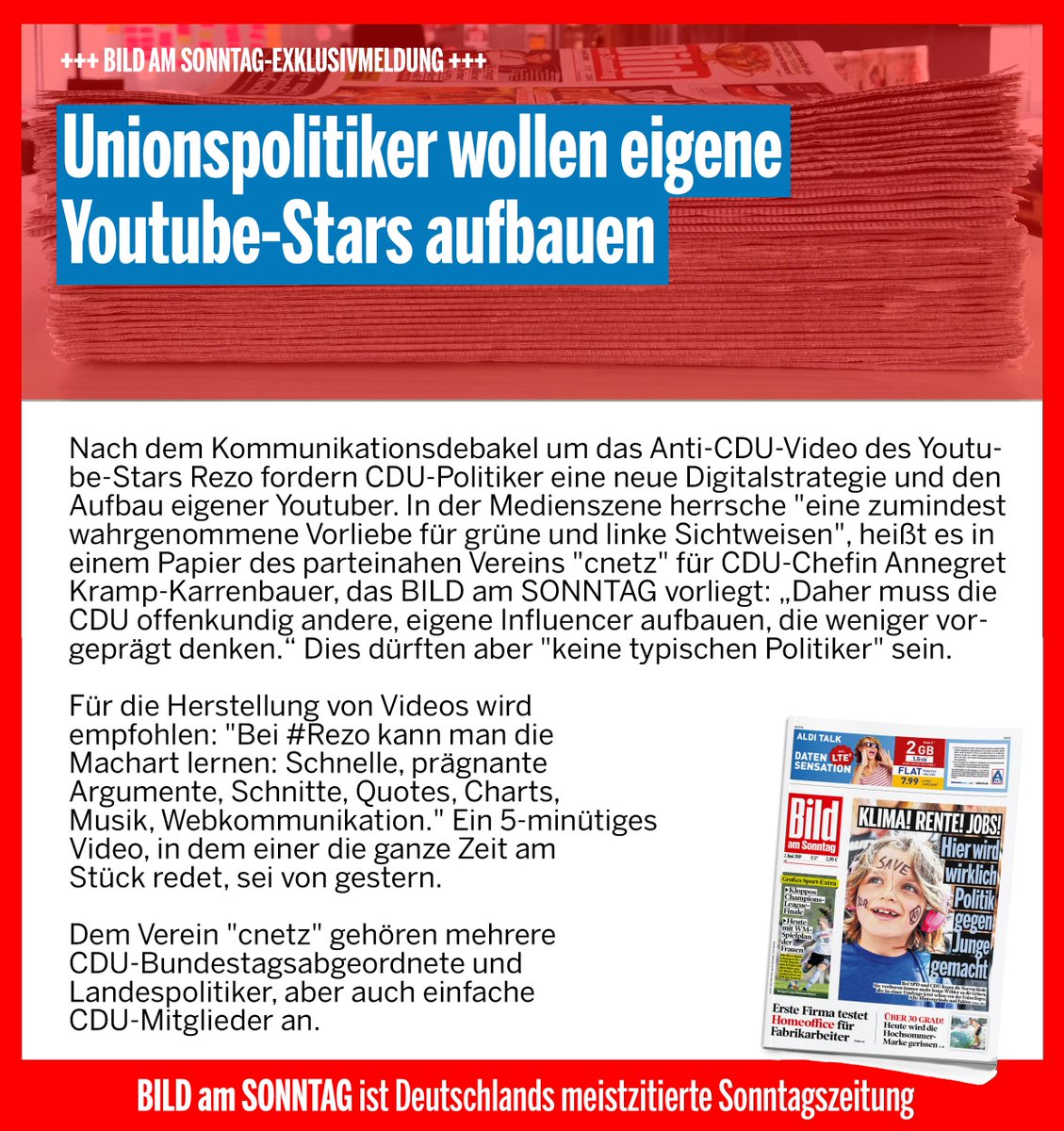 BILDamSONNTAG's tweet photo. Unionspolitiker wollen eigene Youtube-Stars aufbauen. https://t.co/qmFYbnddHV