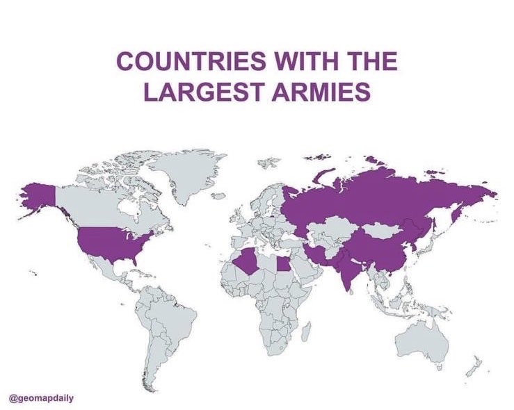 WafaAlkhelifi_'s tweet photo. قائمة ترتيب أكبر الجيوش في العالم :

1- الصين : 2,183,000
2- الهند : 1,362,500
3- أمريكا : 1,281,900
4- روسيا : 1,013,628
5- كوريا الشمالية : 945,000
6- باكستان : 637,000
7- كوريا الجنوبية : 625,00
8- إيران : 534,000
9- الجزائر : 520,000
10- مصر : 454,250 https://t.co/yyImsVlHod