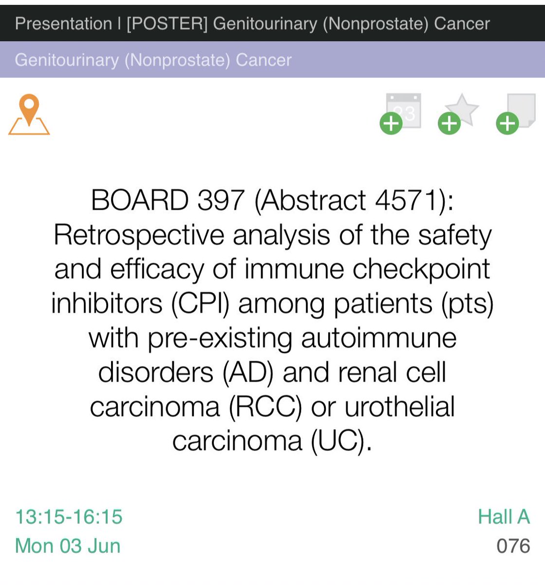 🚩POSTER SESSION <a href="/ASCO/">ASCO</a> #ASCO19

📆Monday 🕐 

‼️A new study characterizes the safety of checkpoint inhibitors in patients w autoimmune disorders, providing hope for more advanced care options for such pts <a href="/NMartinezChanza/">Nieves</a> <a href="/DrChoueiri/">Toni Choueiri, MD</a> <a href="/LaurenCHarshman/">Lauren Harshman</a> 

meetinglibrary.asco.org/record/172119/…