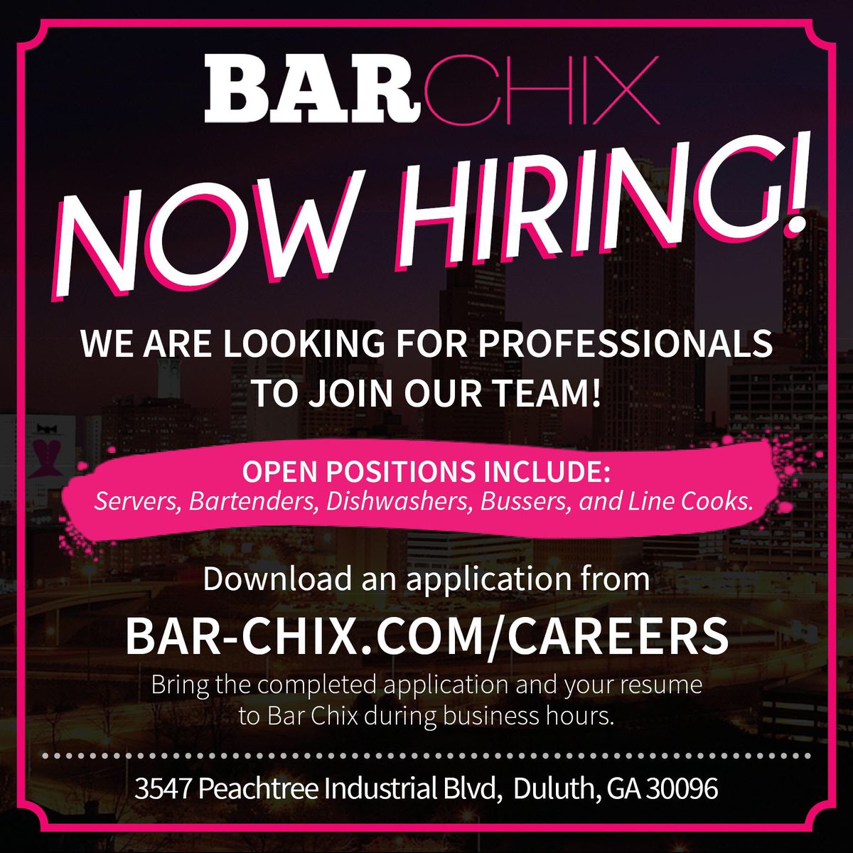 bar_chix's tweet photo. Now hiring! Tell your ATL friends!!! 
https://t.co/iljxBWp6wH https://t.co/neTEUw0hr9