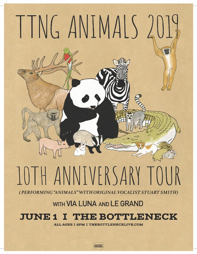 uptoelevenlive's tweet photo. TONIGHT LFK: @TTNGuk @ViaLunaKC @LeGrandKC 8pm doors @TheBottleneck 10th anniversary tour performing animals #lfk #TTNG #vialuna #legrand #saturdaynight #animals #lfk #thebottleneck https://t.co/hhsE6IWhtO